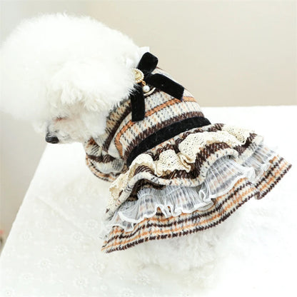 High Collar Small Dog Clothes Plaid Woolen New Year Autumn Winter Brown Overalls for Cats Maillard Fashion Girl Chihuahua Dress