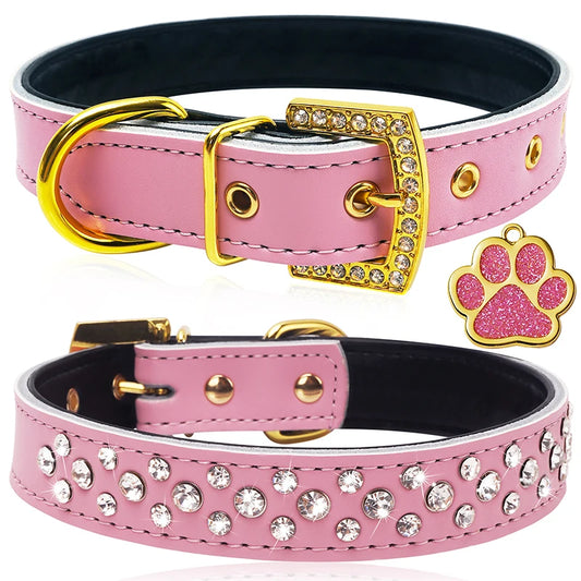 Rhinestone Pet Collars, Comfortable PU Leather Dog Collar, Zinc Alloy Buckle, Glitter, Small Dogs and Cats Product