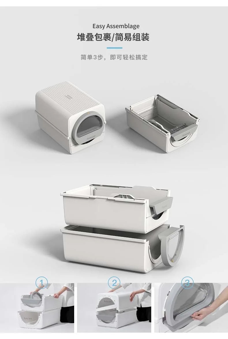 Large Fully Closed Semi-Automatic Cat Litter Box Easy Clean with Durable Plastic Hand-Pulled Shovel Accessory Cat Toilet