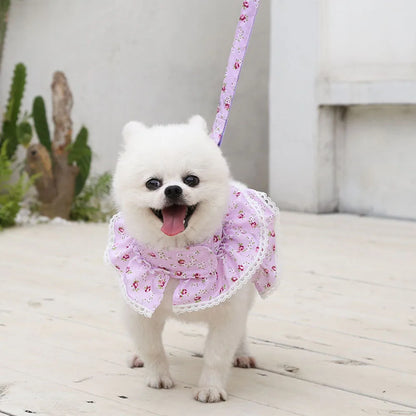 Pink Flower Puppy Harness Mesh Breathable Small Girl Dog Cat Vest Harness Cute Doggy Lace Dress Harness with Leash for Walking