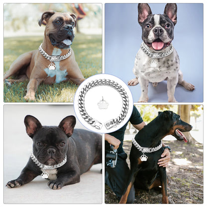 Strong Stainless Steel Dog Collar Choke with Safety Buckle Lock Golden Cuban Link Chain Metal Necklace Training Collar for Pets