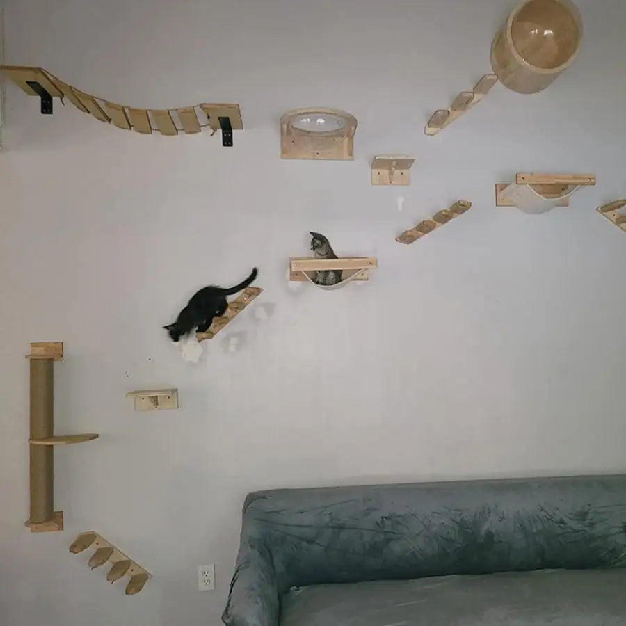 Cat Wall Furniture Wooden and Sisal Climbing Shelves Stairway and Ladder Cat Bridge Scratching Post for Grinding Claws and Rest