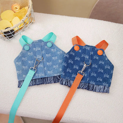 New Dog Harness and Leash Set for Small Dogs, Dark Wash Denim Puppy Dog Vest Harness Tassels Pet Jeans Butterfly Harness