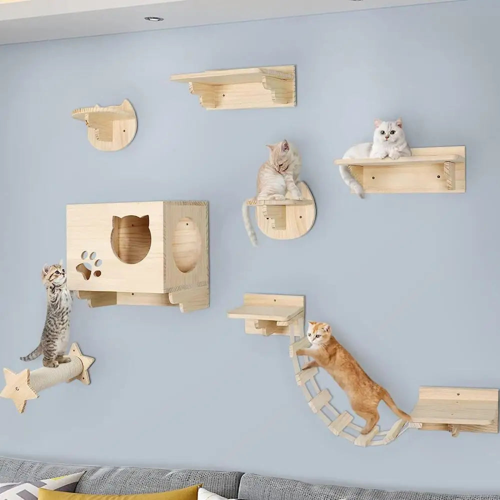 Wall Mounted Cat Climbing Cat Tree Cat Stairs Frame Wooden Cat Jumping Platform Cat Ladder Scratching Post Rest and Playing