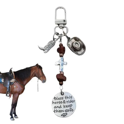 Saddle Rope Key Chain Vintage Horseshoe Cowboy Keychain Pendant With Feather Western Alloy Keychain With Safety Buckle Carved