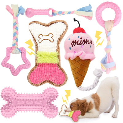 6-piece set of puppy teething toys, small dog chewing toys with ropes, cute soft rubber puppy toy set for cleaning teeth