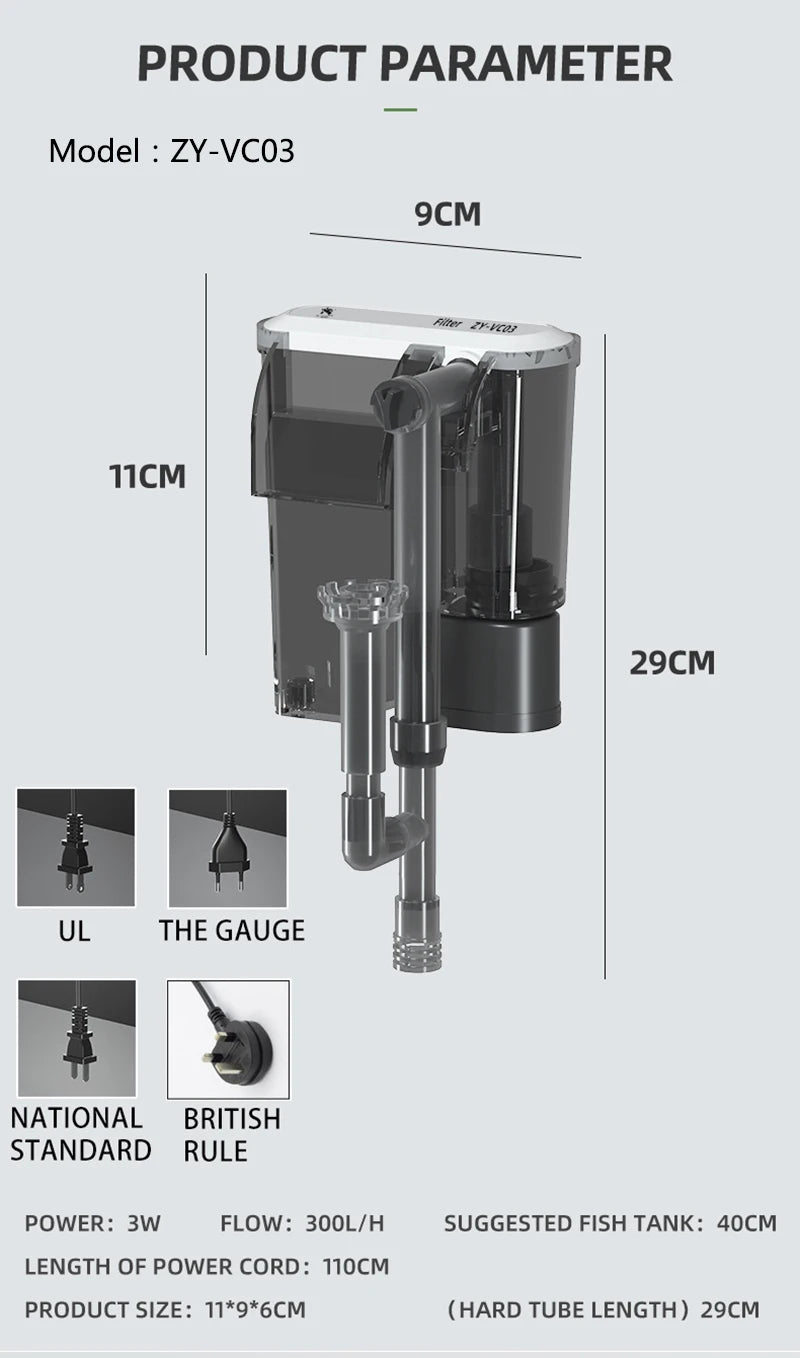 Thin External Hang On waterfall filter aquarium silent filter pump 220~240V interface filter water pump Three in one oxygen pump