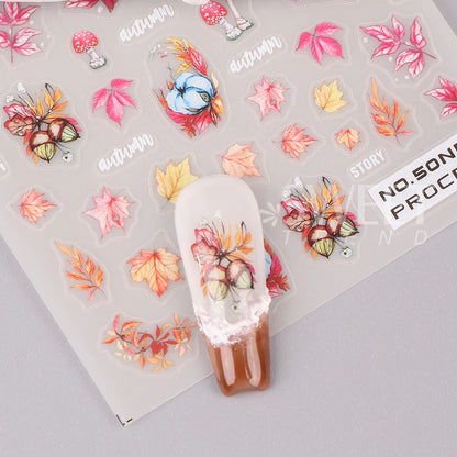 2pcs/set Autumn Maple Leaf Nail Art Sticker Bird Cotton Squirrel Mushroom Pumpkin Design Nail Decal Sliders Manicure Decoration
