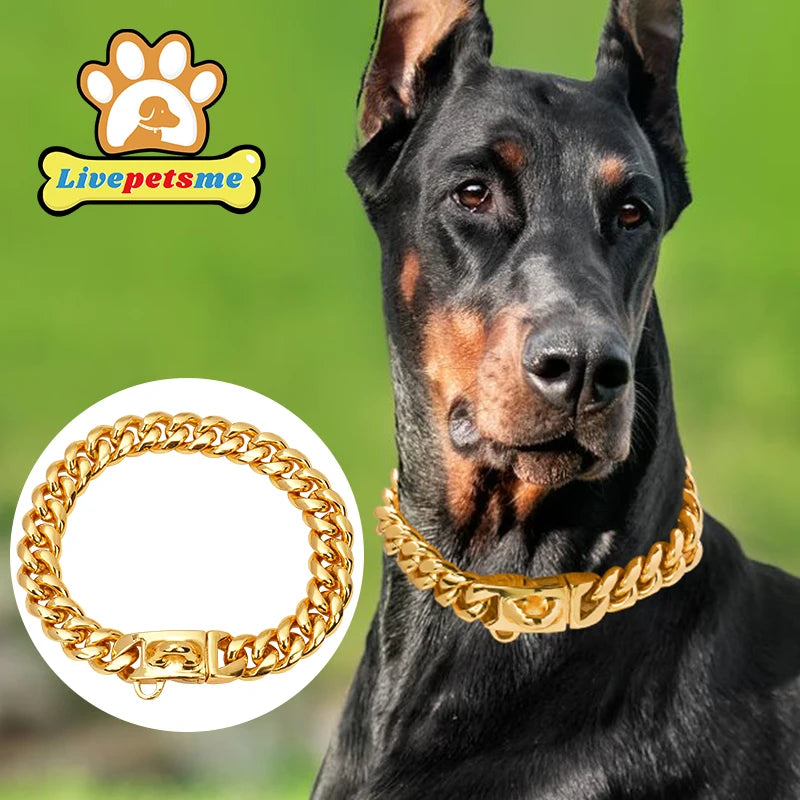 Strong Stainless Steel Dog Collar Choke with Safety Buckle Lock Golden Cuban Link Chain Metal Necklace Training Collar for Pets