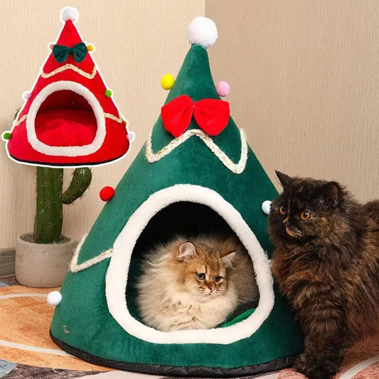 Christmas Hat Shape Creative Pet Bed Soft Plush Winter Semi-enclosed Cute Cat And Dog Bed Warm Comfortable 45cm Mini Bed Tent