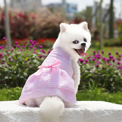 Bow Tie Decorate Dog Fancy Dress Stripes and Lattice Pink Pet Skirt Sleeveless Girl Wedding Party Pet Skirt Clothing for Cats