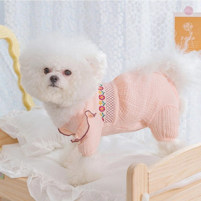 Embroidery Pink Floral Overalls for Dogs Spring Summer Protective Pet Cat T Shirt Female Pure Cotton Chihuahua Small Dog Clothes