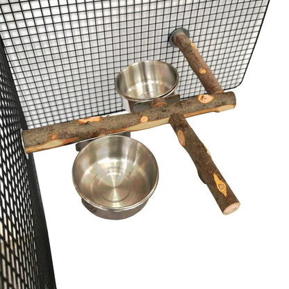 1Set Stainless Steel Birds Parrot Feeder Bowl Round Small Pet Natural Wood Stand Food Water Drinking Feeding Bowl