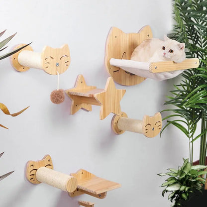 Cat Wall Mounted Furniture Hammock Climbing Shelves Cat Scratching Post Wooden Stairway Shelves Sisal Ladder Cat Climbing Frame