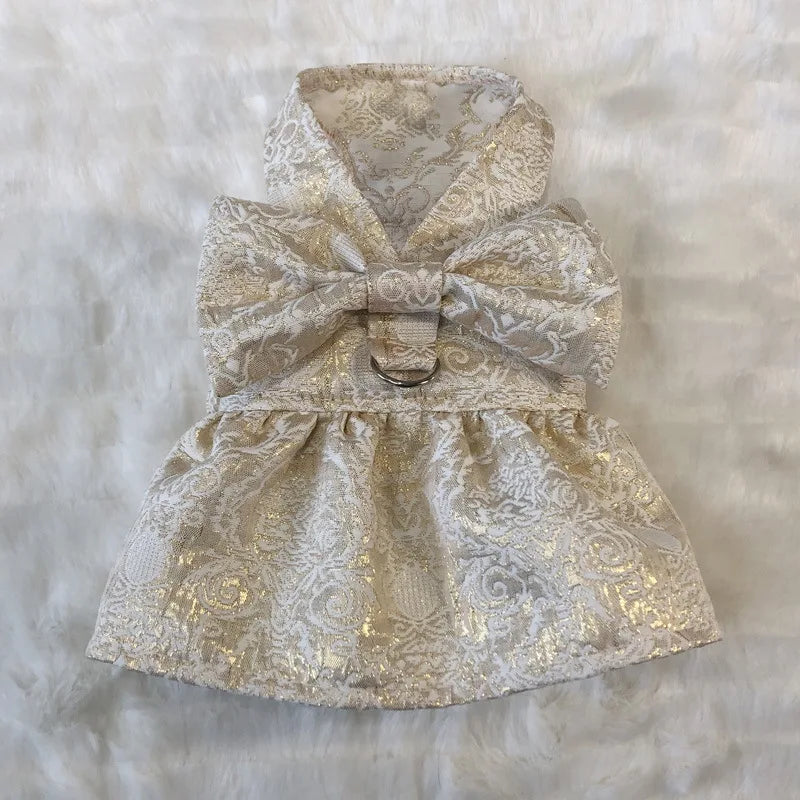Luxury Embroidery Tulle Dog Dress for Small Medium Dogs Cats, Gold Pet Dress with Bowknot Chihuahua Pomeranian Summer Clothes