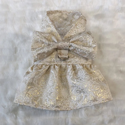 Luxury Embroidery Tulle Dog Dress for Small Medium Dogs Cats, Gold Pet Dress with Bowknot Chihuahua Pomeranian Summer Clothes
