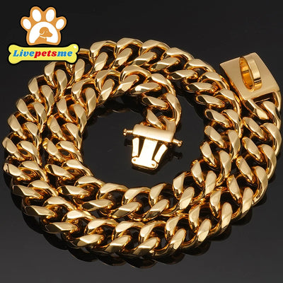Stainless Steel Dog Collar Choker, Solid Buckle Metal Cuban Link Chain, Luxury Pets Necklace for Dog Walking, Heavy Duty