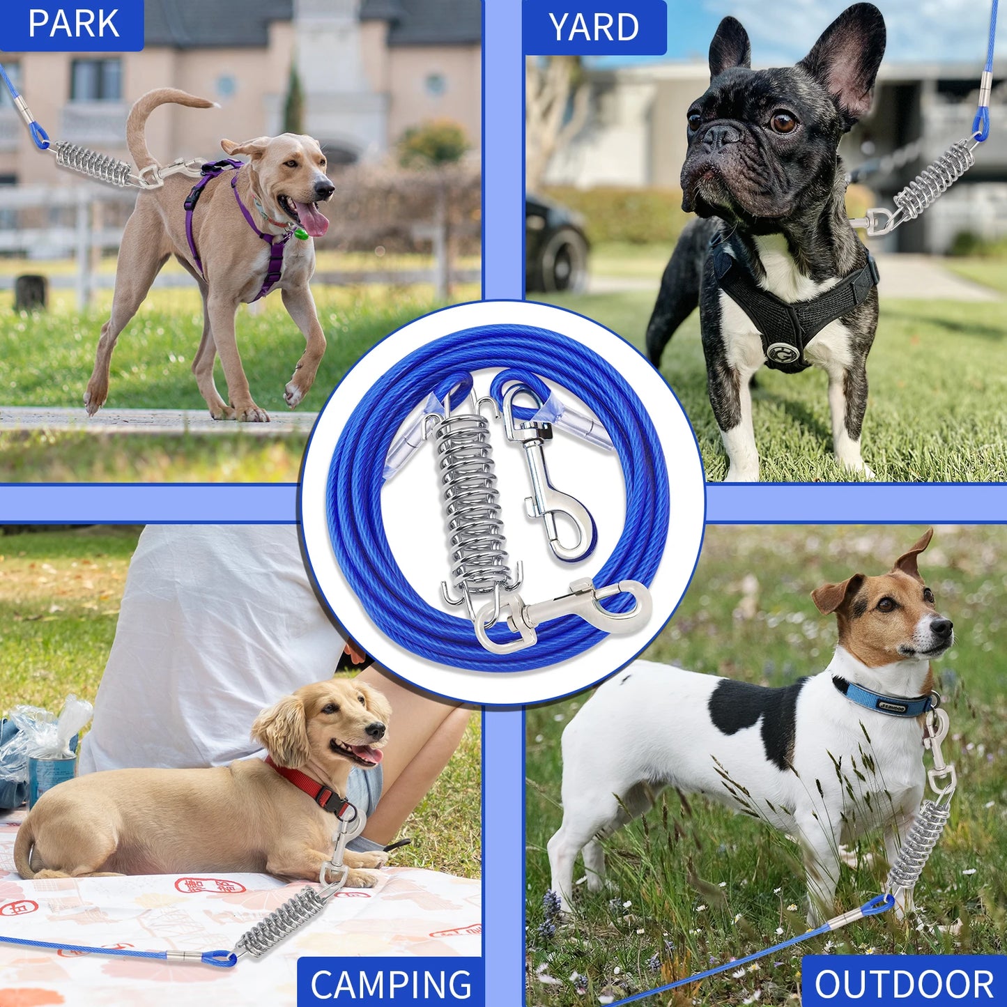 Steel Wire Dog Tie Out Cable, Dog Runner for Yard, Durable Superior Clips, Silver Dog Chains