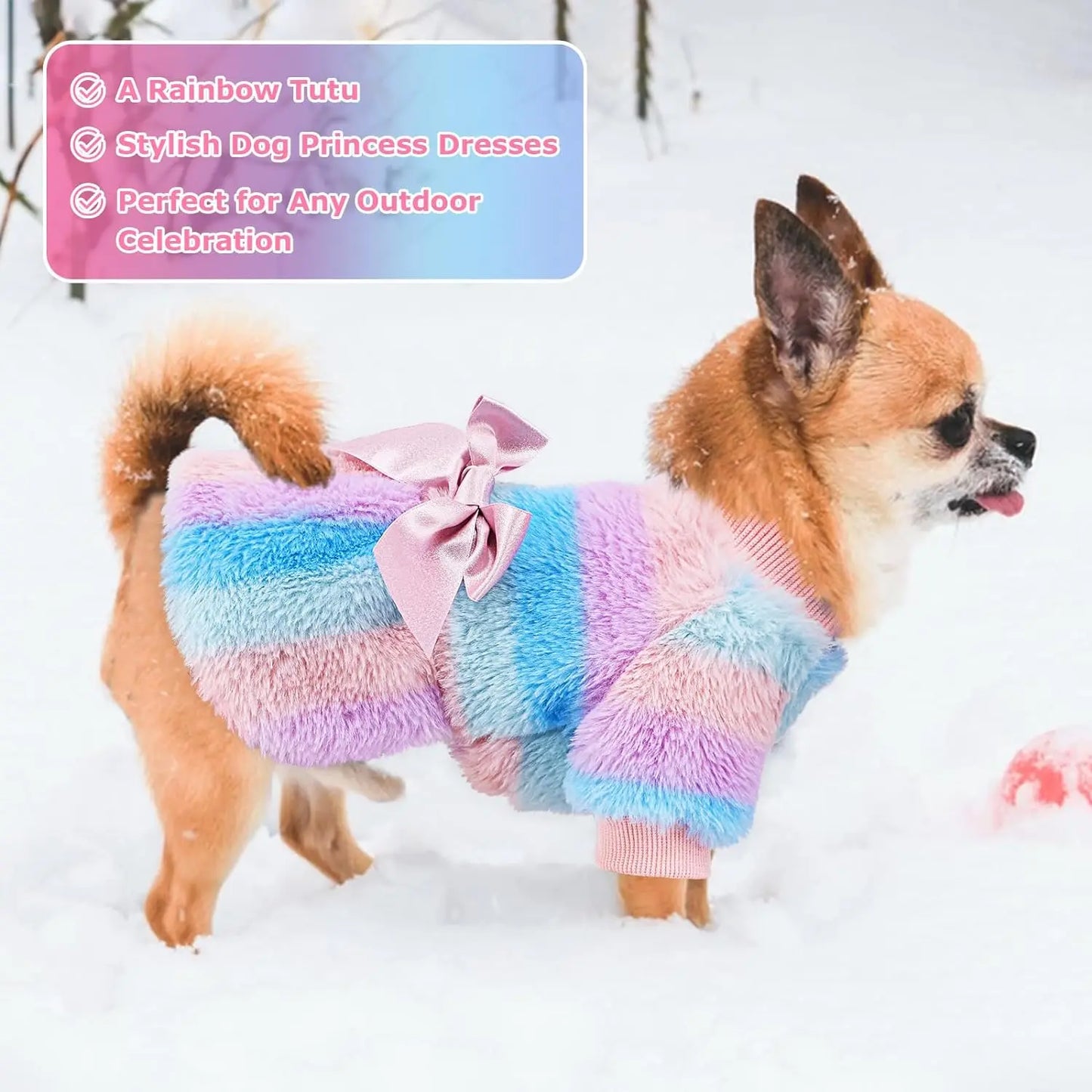 Rainbow Stripe Plush Princess Dog Dress for Small Dogs Girl Winter Puppy Cat Sweater Clothes Warm Fleece Pet Dress Bowknot Skirt