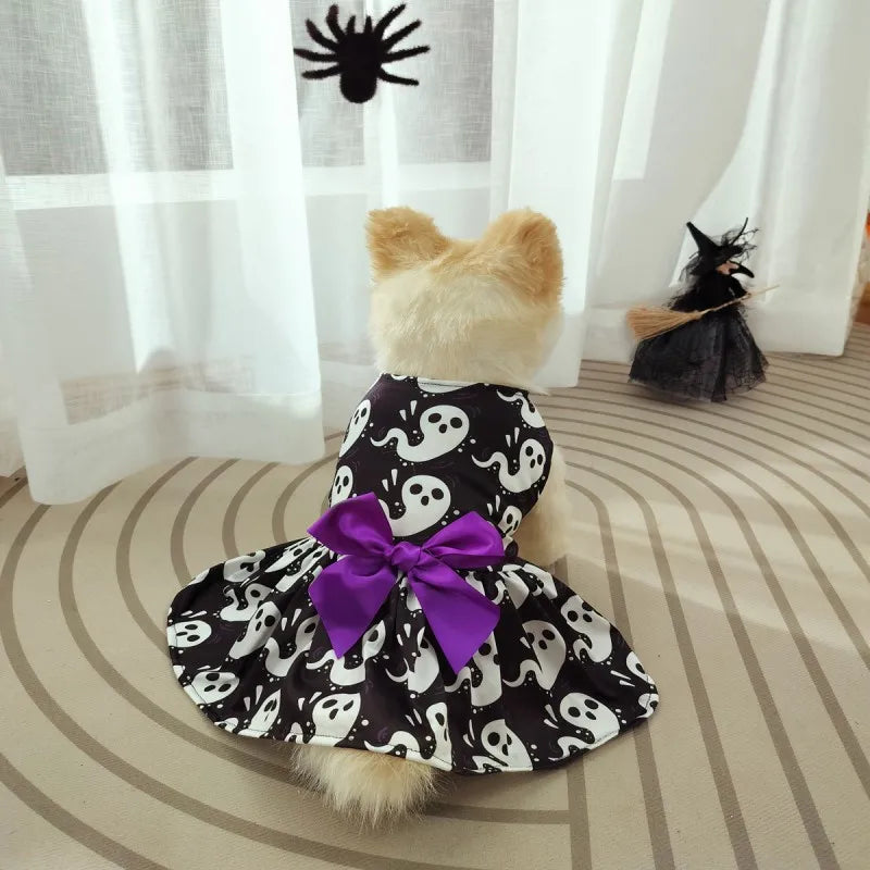 Halloween Dog Costume Funny Dog Clothes Pumpkin Print Pet Dress Chihuahua Bichon Clothing Bow Lace Festival Skirt Cat Dresses