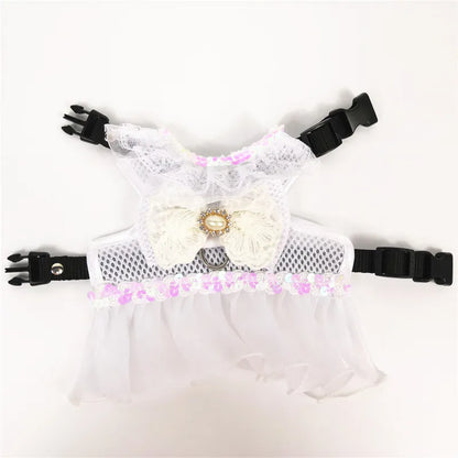Dog Bow Dress Harness Leash Set for Small Medium Dogs Breathable Mesh Pet Tulle Skirt with Sequins Luxury Design Dog Clothes