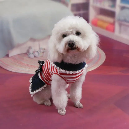 Puppy Dog Pet Stripe Costume Princess Dress Lace Pleated Lapel Stripe Bownot Princess Dress Denim Skirt XS-L Pet Supplies