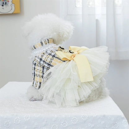 Yellow Ribbon Dresses for Dogs Sweet Dream Princess Autumn Pet Skirt French Bulldog Overalls Lattice Yellow Warm Cat Clothing