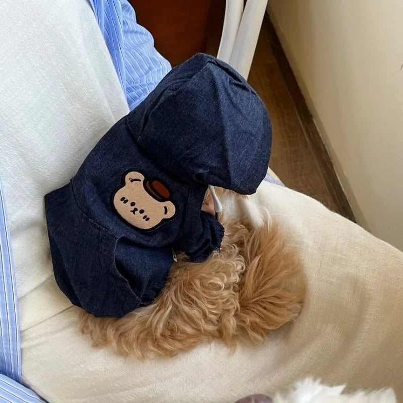 Fashion Dog Cowboy Costume Autumn Winter Dog Denim Jacket Bear Print Cardigan Pet Coat Kitten Puppy Clothing Chihuahua Pullover