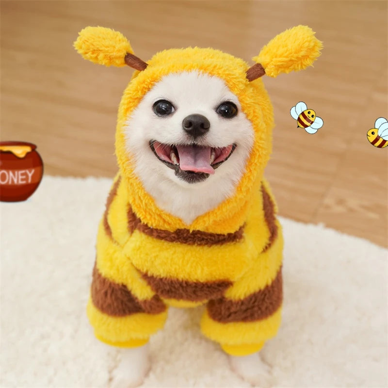Cute Bee Cosplay Winter Clothes for Small Dogs Thick Flannel French Bulldog Cat Overalls Christmas New Year Pet Puppy Outfits
