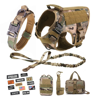 Large Dog Harness Collar Leash Molle Pouch Tactical Patches No-Pull Service Dog Harness Set for Small Medium Dog Training