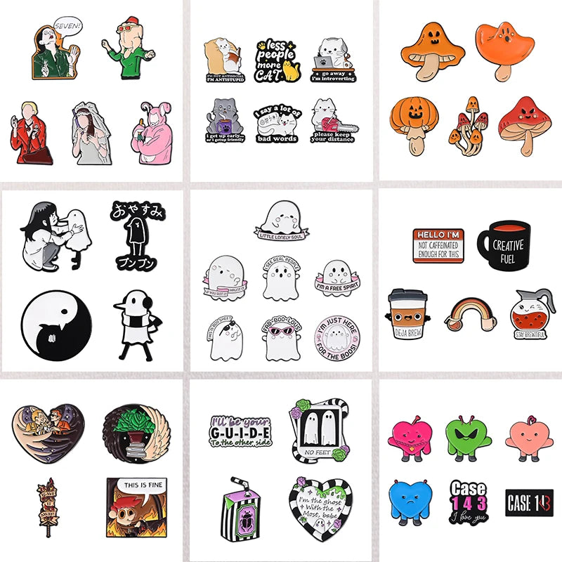 Funny Animal Sets Enamel Pins Cartoon Anime Figure Ghost Spooky Cute Cat Bird Brooches Backpack Lapel Badge Punk Jewelry Gifts