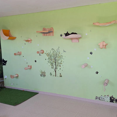 Cat Wall Climbing Shelves Wall Mounted Hammock Cat Scratching Post Wooden Stairway Shelves with Sisal Rope Ladder Wall Cat Tree
