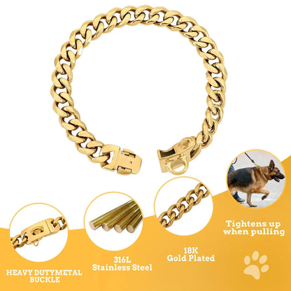 19MM Chew Proof Gold Dog Chain Collar Stainless Steel  Collars with Solid Buckle Pet Chains for Large Dogs
