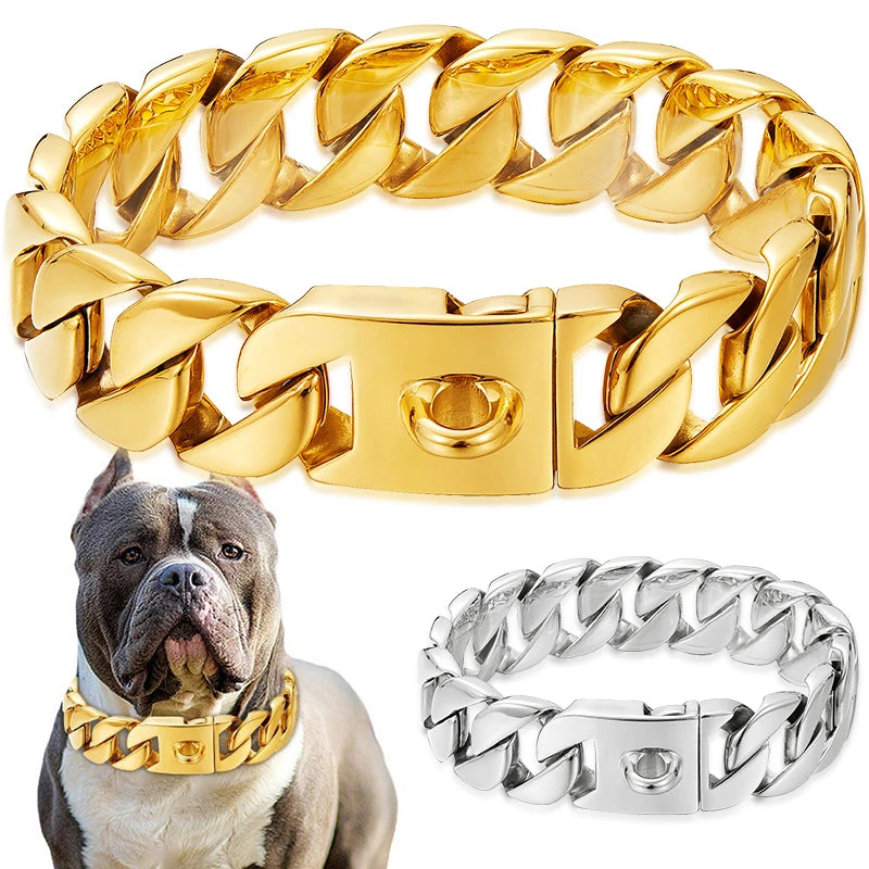 Strong 32mm Wide Gold Dog Chain Collars  Heavy Stainless Steel Dogs Choker Pitbull Gold Dog Necklace For Large Huge Dogs