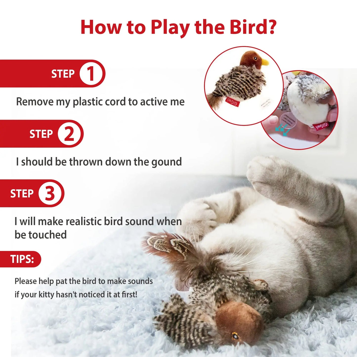 GiGwi Sound Bird Toy Cat Feather Toys Cat Feather Toys Interactive Cat Toy With Sounds Sound Toys Brown Bird, Hedgehog, Mouse