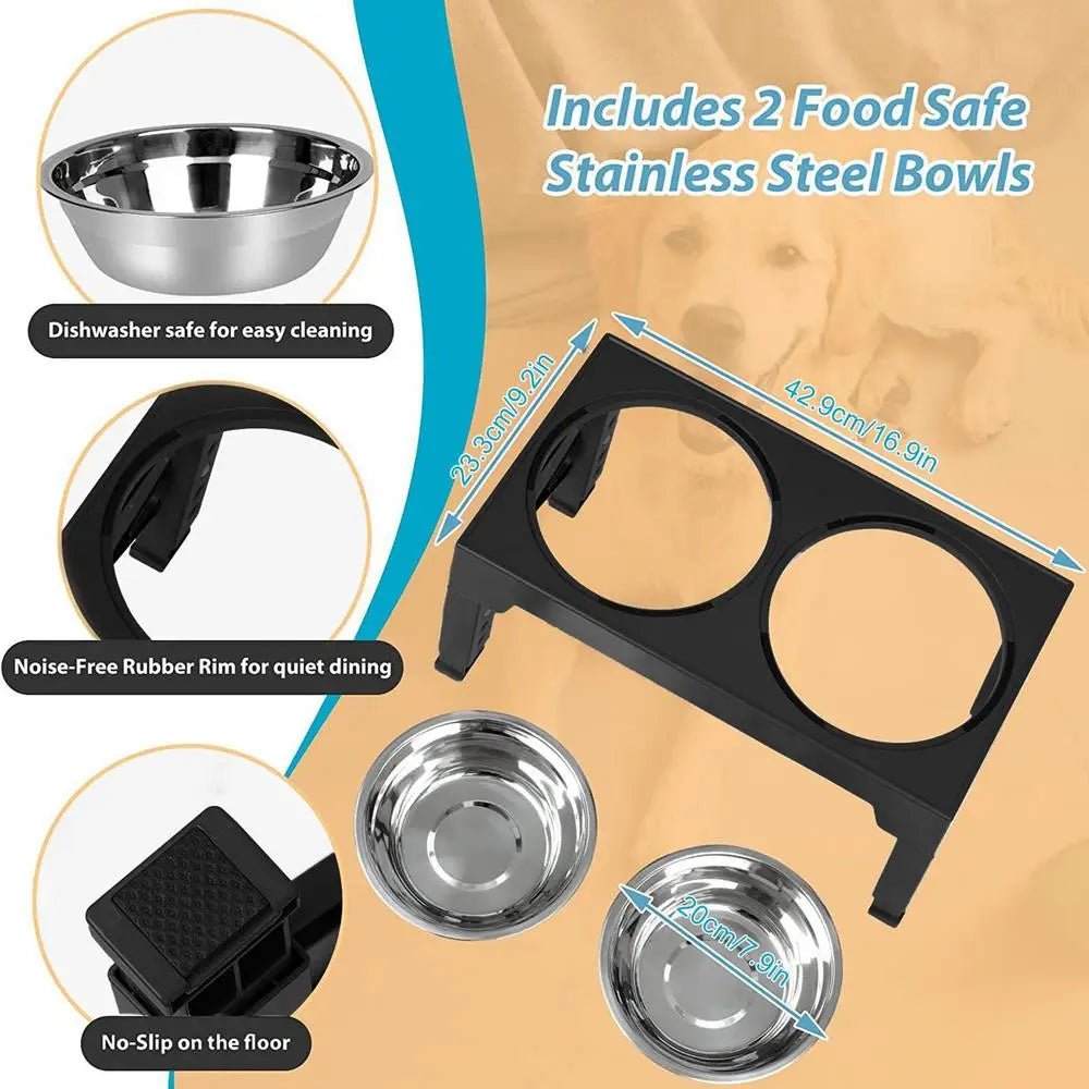 Elevated Stainless Steel Pet Feeding Bowls Height Adjustable Dog Bowl with Stand Cat Bowls Food Water Set with Two Bowls
