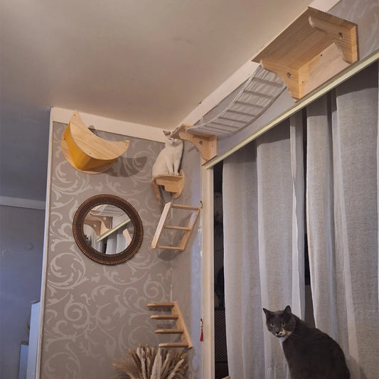 Cat Wall Mounted Wooden Shelves Platform and Hammock for Cats Sleeping and Scratching Post for Cats Grinding Claws Pet Furniture