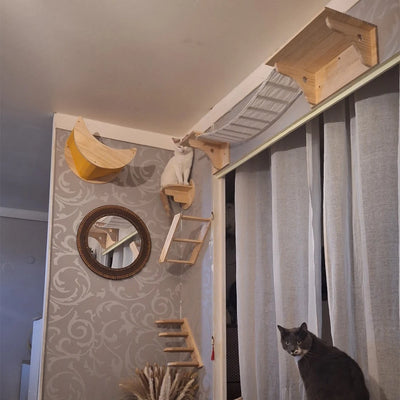 Cat Wall Mounted Wooden Shelves Platform and Hammock for Cats Sleeping and Scratching Post for Cats Grinding Claws Pet Furniture