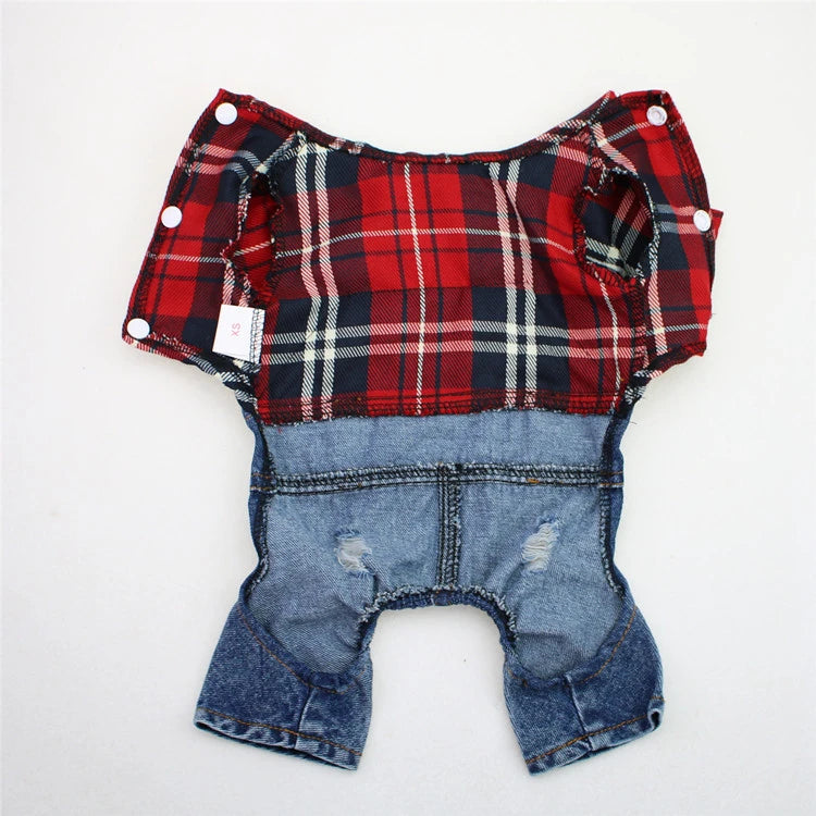 Black Dog Denim Jumpsuit Plaid Shirt Overalls for Dogs, Spring Clothes for Small Dogs Puppy Yorkie Jeans Jacket Pet Apparel