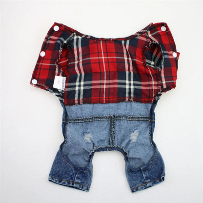 Black Dog Denim Jumpsuit Plaid Shirt Overalls for Dogs, Spring Clothes for Small Dogs Puppy Yorkie Jeans Jacket Pet Apparel