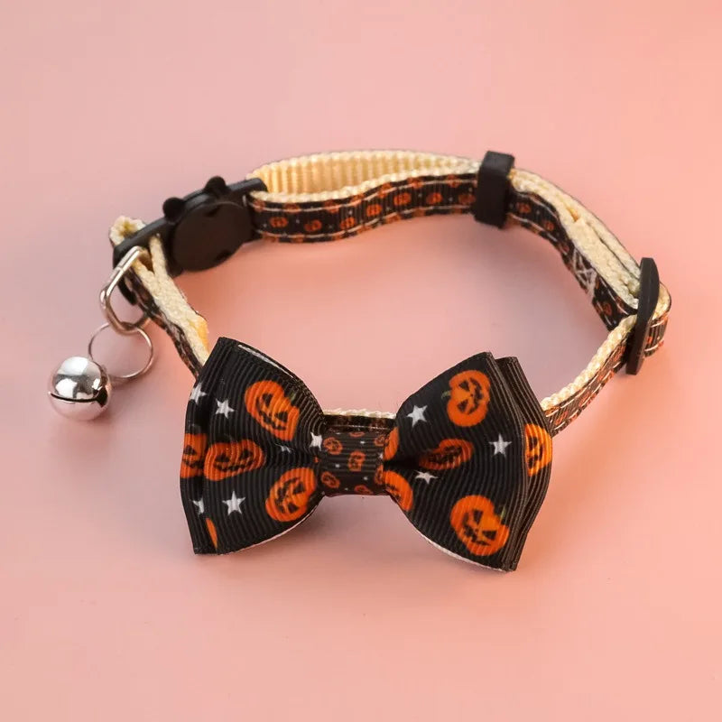 Bow Knot Halloween Pet Dog Collar Pumpkin Witch Hat Adjustable Neck Accessories for Cats Safety Buckle Decorate Pet Necklace