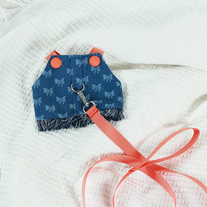 New Dog Harness and Leash Set for Small Dogs, Dark Wash Denim Puppy Dog Vest Harness Tassels Pet Jeans Butterfly Harness