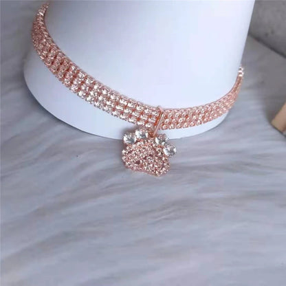 Fancy Summer Pet Dog Collars Alloy Rose Gold Zircon Footprint Pendant Necklace for Cats Luxury Designer Pet Neck Accessories