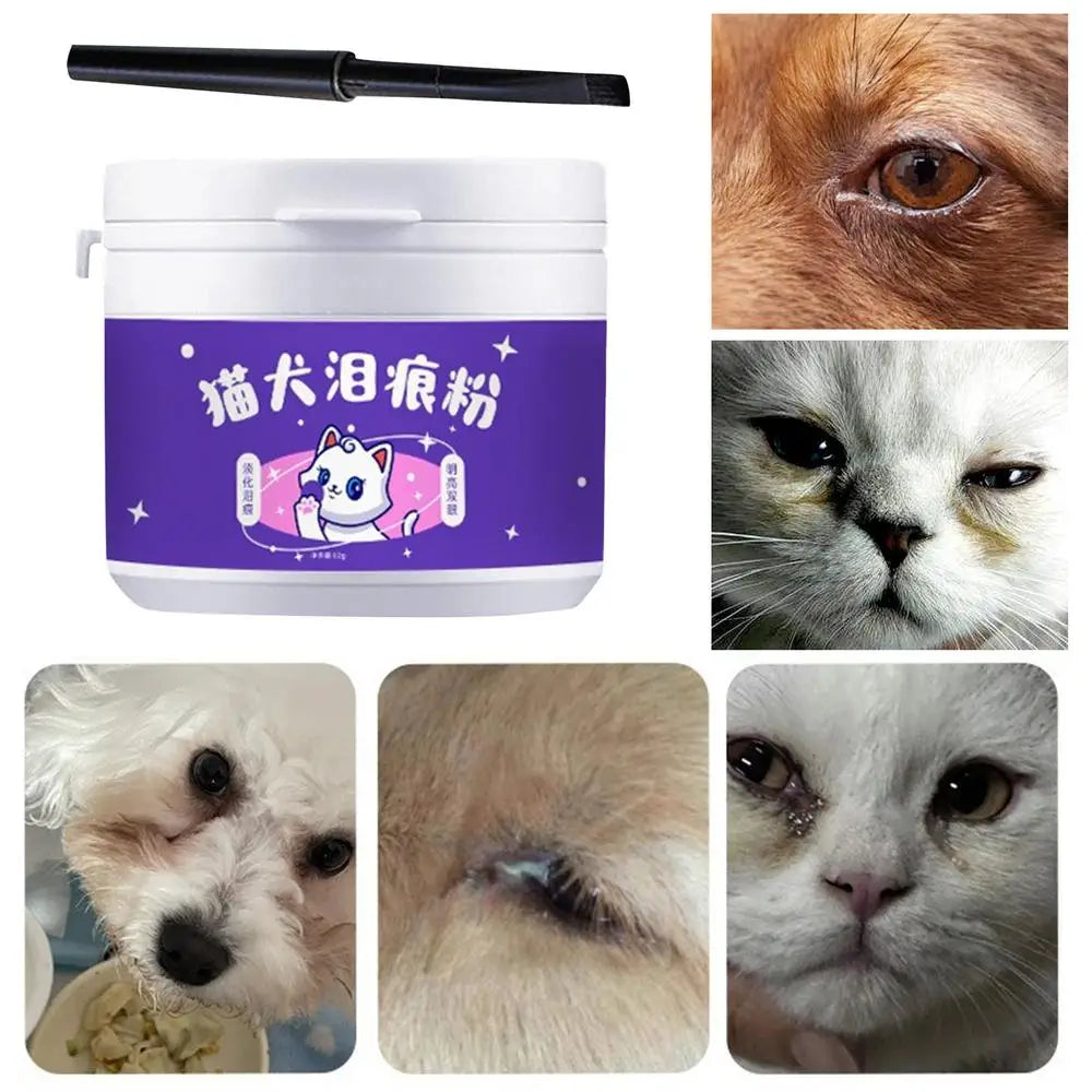 60g Pet Tear Stain Remover Powder  Dogs Cats Eye Cleaner Tear Stain Powder With Brush Pet Eye Risen Natural Safe Dog Eye Wash