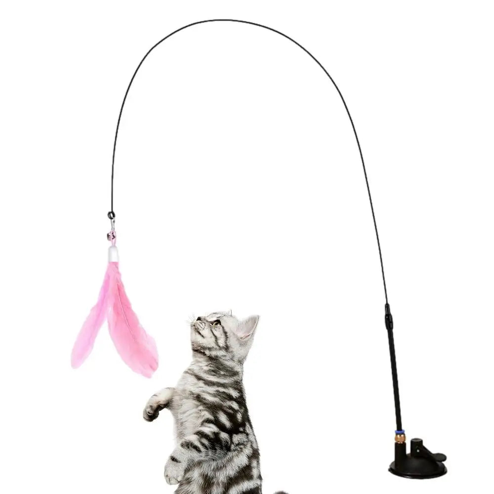Cat Feather Wand Toy Cat Fishing Pole Toy Cat Teaser Stick With Detachable Feather Suction Cup Toy For Cats Exercise And