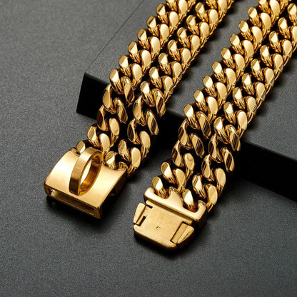 Strong Dog Double Chain Collar 2 Row Gold Cuban Link Stainless Steel Dog Training Collar Pet Metal Collar For Medium Large Dogs