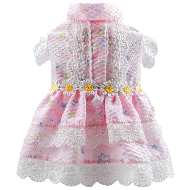 Floral Summer Clothes for Small Dogs Short Sleeve Lace Pink Sphinx Cat Dresses Princess Party Wear Breathable Pet Clothing