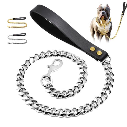 Stainless Steel Pet Gold Chain, Dog Leashes, Leather Handle, Portable Leash Rope, Straps, Puppy, Cat Training, Slip Collar Suppl