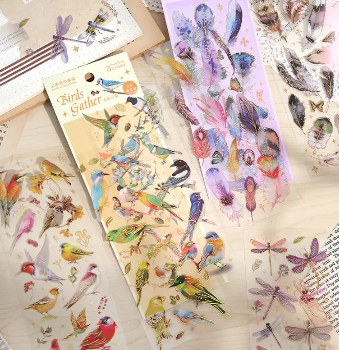 Shimmering 3D Gilding Sticker Set - Dragonfly, Jellyfish & Feather Designs - 3 Sheets/pack - Premium PET Decor for Notebooks, Sc
