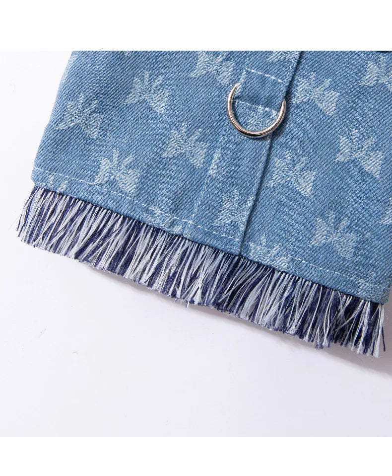 New Dog Harness and Leash Set for Small Dogs, Dark Wash Denim Puppy Dog Vest Harness Tassels Pet Jeans Butterfly Harness